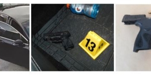 1. Man in black with medial mask on standing next to car 2. Black gun next to 13 marker 3. black gun and clip