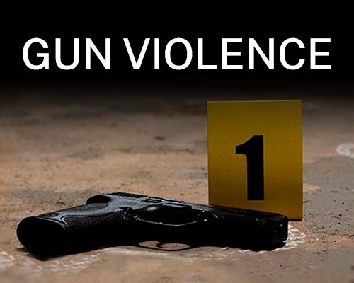 Gun Violence text with handgun and evidence marker in background