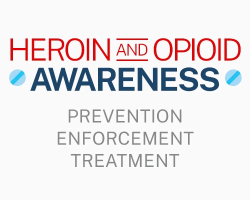 Heroin and Opioid Awareness: Prevention, Enforcement, Treatment text and logo