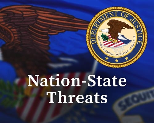 Nation-State Threats text and DOJ seal with DOJ flag in background