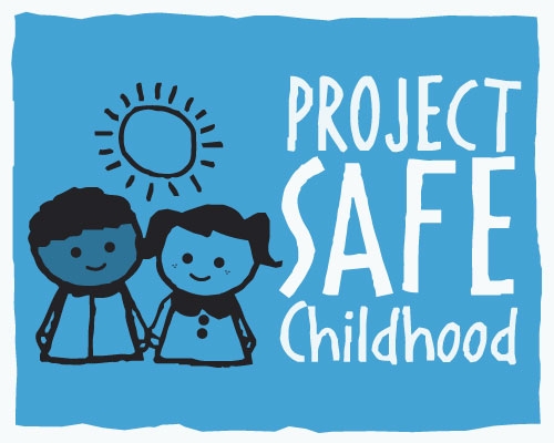 Project Safe Childhood text and logo with illustration of sun and two children