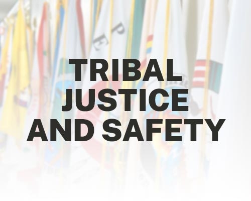 Tribal Justice and Safety text with Hall of Tribal Nations flags in background